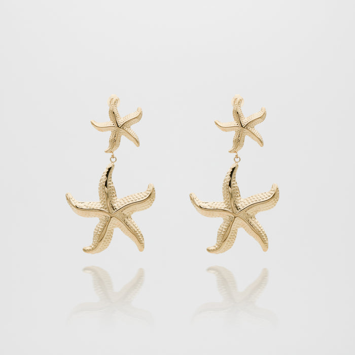 Gold starfish earrings on white background.