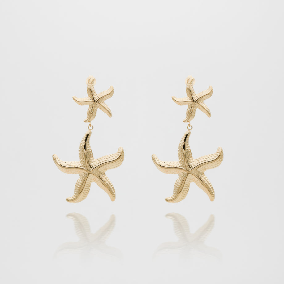 Gold starfish earrings on white background.