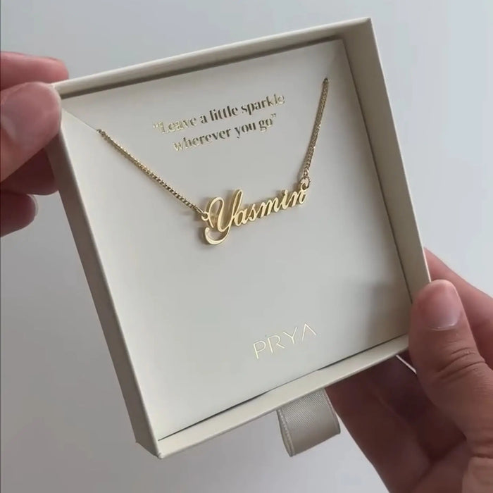 waterproof Siena Personalised name necklace in gold in packaging by PRYA Jewellery UK