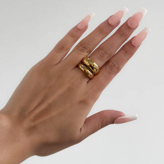 model wearing Layla Ring, a chunky Gold plated double band dome design from Prya