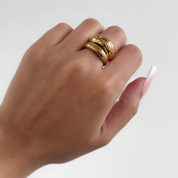 model wearing Layla Ring, a chunky Gold plated double band dome design from Prya