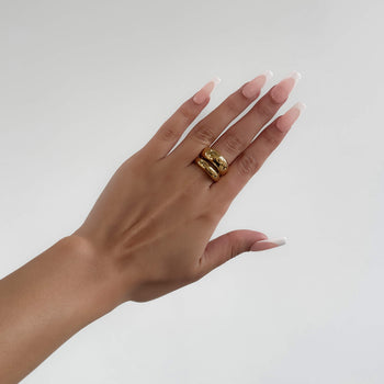 model wearing Layla Ring, a chunky Gold plated double band dome design from Prya