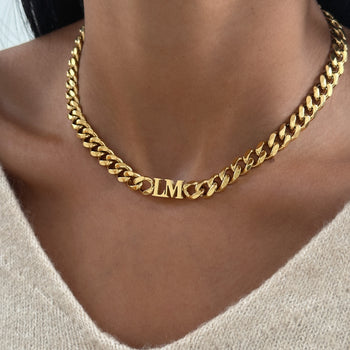 Model wearing Initial choker necklace in gold