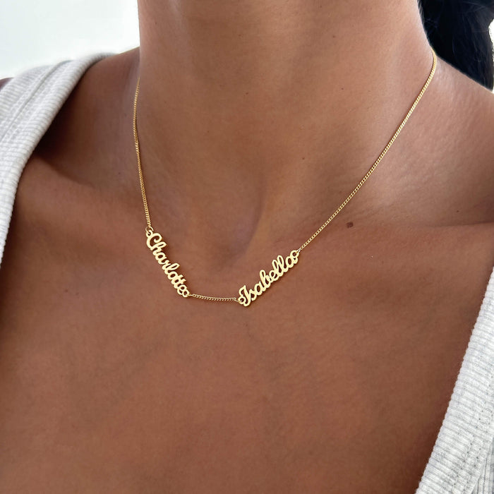 model wearing personalised miami multiple name necklace with two names from prya
