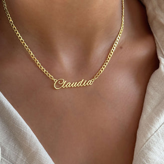 Model wearing Venice Custom Name Necklace, Gold (18K Plated) / 40cm | PRYA