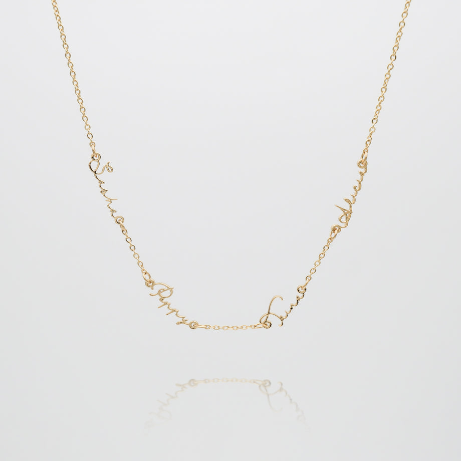 Selina multiple name necklace, available in 18k gold plated, silver or rose gold plated stainless steel with options for 2, 3, 4 names from prya