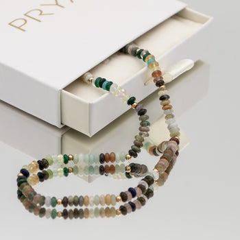 Gift box of Ren Natural Stone Beaded Necklace, in earthy or water tones, accented by lustrous gold plated beads. 