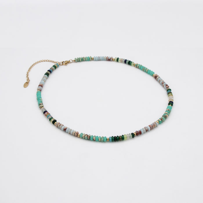  Ren Natural Stone Beaded Necklace, in earthy or water tones, accented by lustrous gold plated beads. 