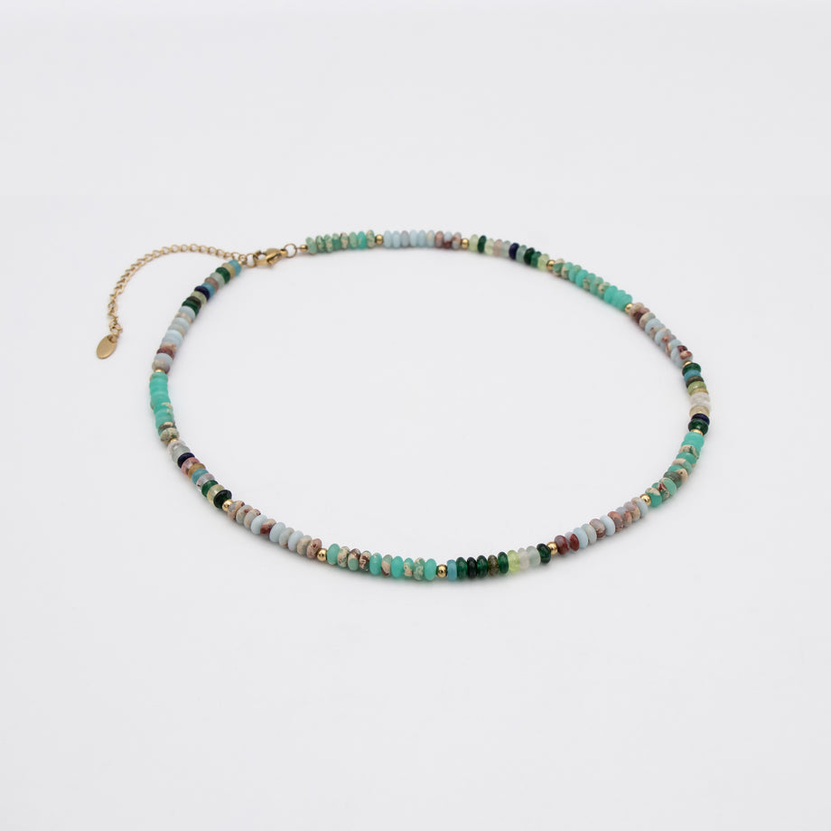  Ren Natural Stone Beaded Necklace, in earthy or water tones, accented by lustrous gold plated beads. 