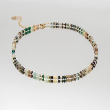  Ren Natural Stone Beaded Necklace, in earthy or water tones, accented by lustrous gold plated beads. 