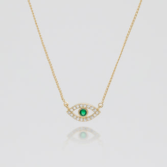 Gold Evil eye necklace paved with CZ and Emerald