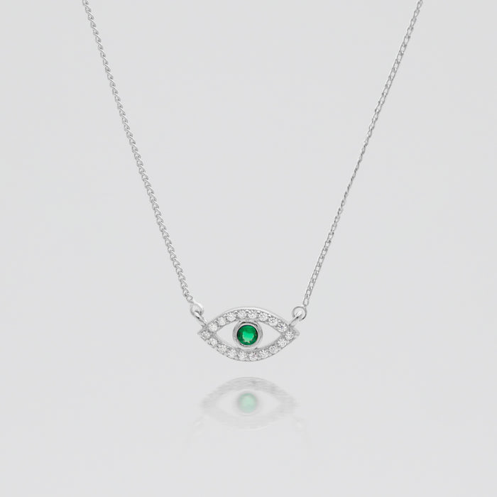 Silver Evil eye necklace paved with CZ and Emerald