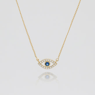 Gold Evil eye necklace paved with CZ and Blue stone