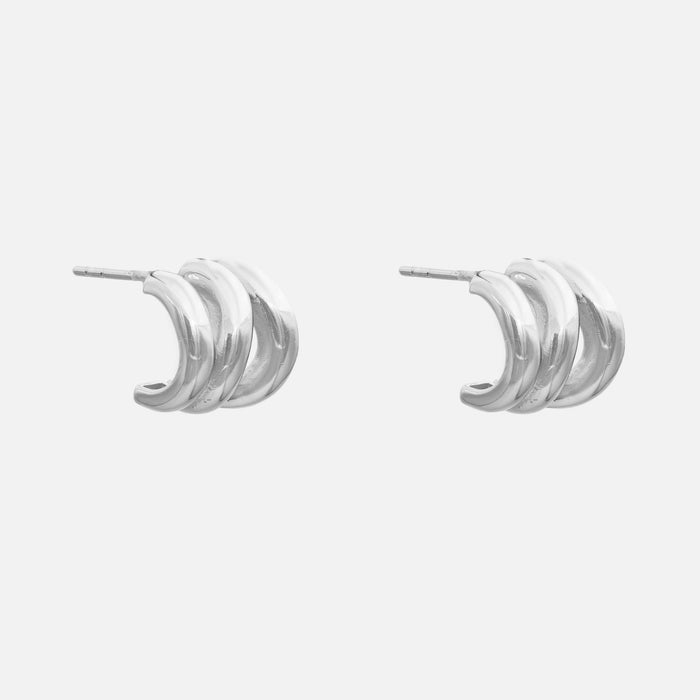 Side view of Romy Triple Hoop Earrings in white gold plated sterling silver base