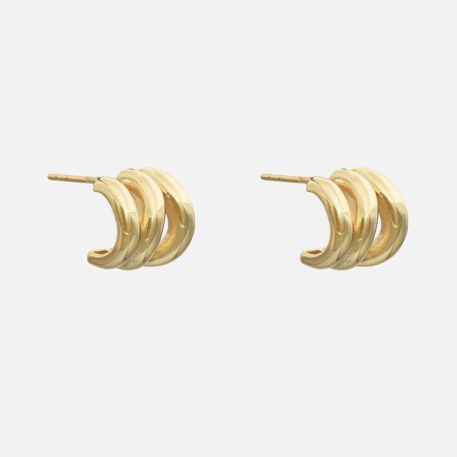Side view of Romy Triple Hoop Earrings in 18k gold plated sterling silver base