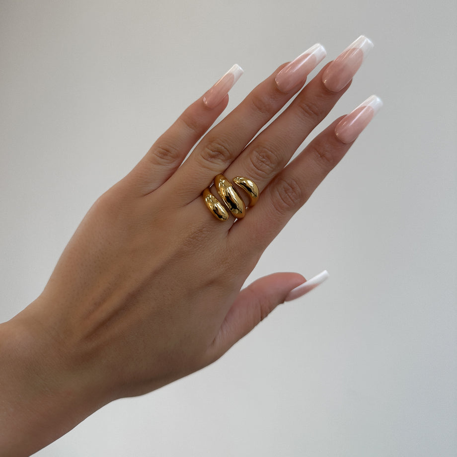 Rumi Triple Wrap Ring, triple cross over wrap ring, crafted from 18k gold plated stainless steel from prya