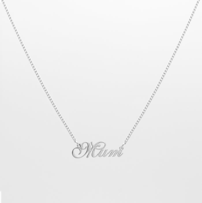 Silver mum necklace in siena script in mini curb chain from prya, perfect mothers day gift