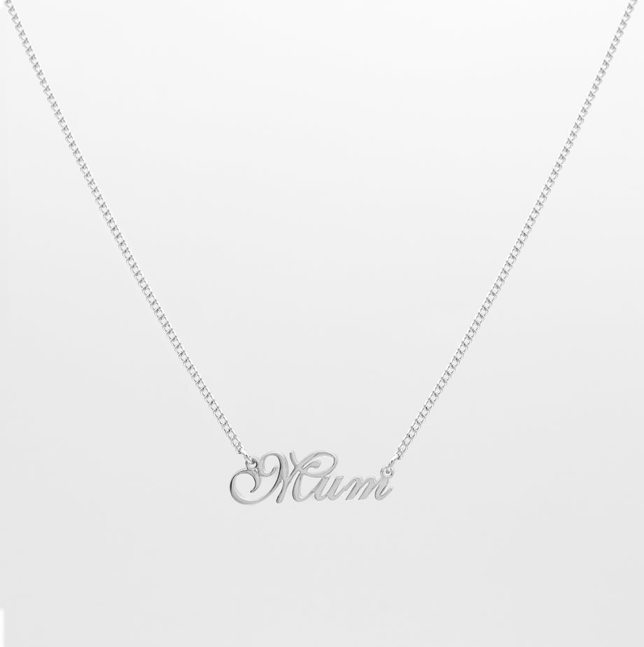Silver mum necklace in siena script in mini curb chain from prya, perfect mothers day gift