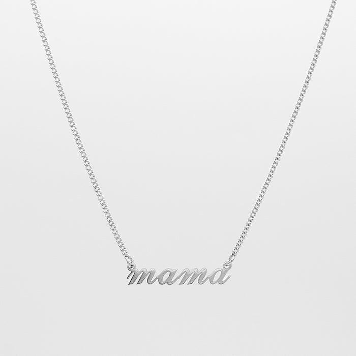 Silver mama necklace in siena script in mini curb chain from prya, perfect mothers day gift