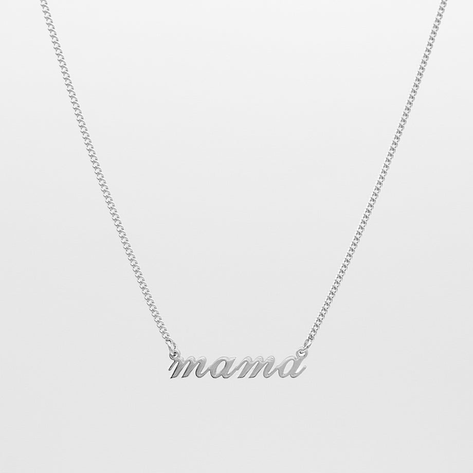 Silver mama necklace in siena script in mini curb chain from prya, perfect mothers day gift