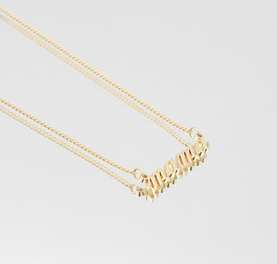 Gold mama necklace in siena script in mini curb chain from prya, perfect mothers day gift