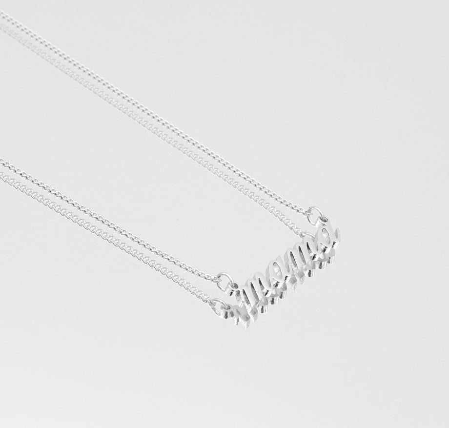 Silver mama necklace in siena script in mini curb chain from prya, perfect mothers day gift