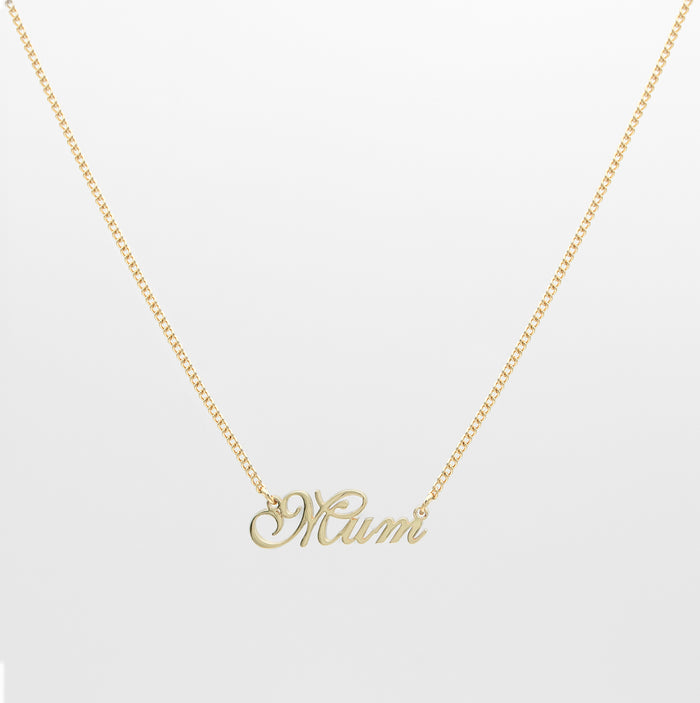 Gold mum necklace in siena script in mini curb chain from prya, perfect mothers day gift