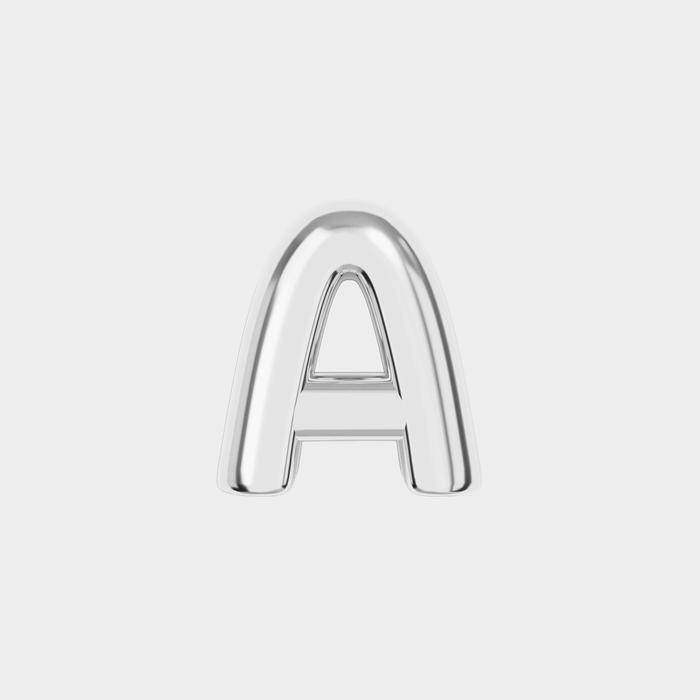 Silver bubble letter "A" charm on white background.