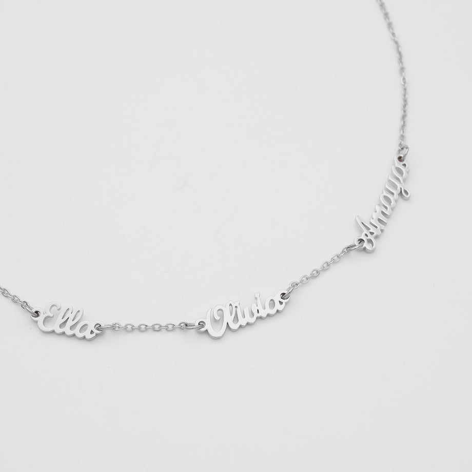 Personalised Multiple Name necklace in silver with classic link chain  