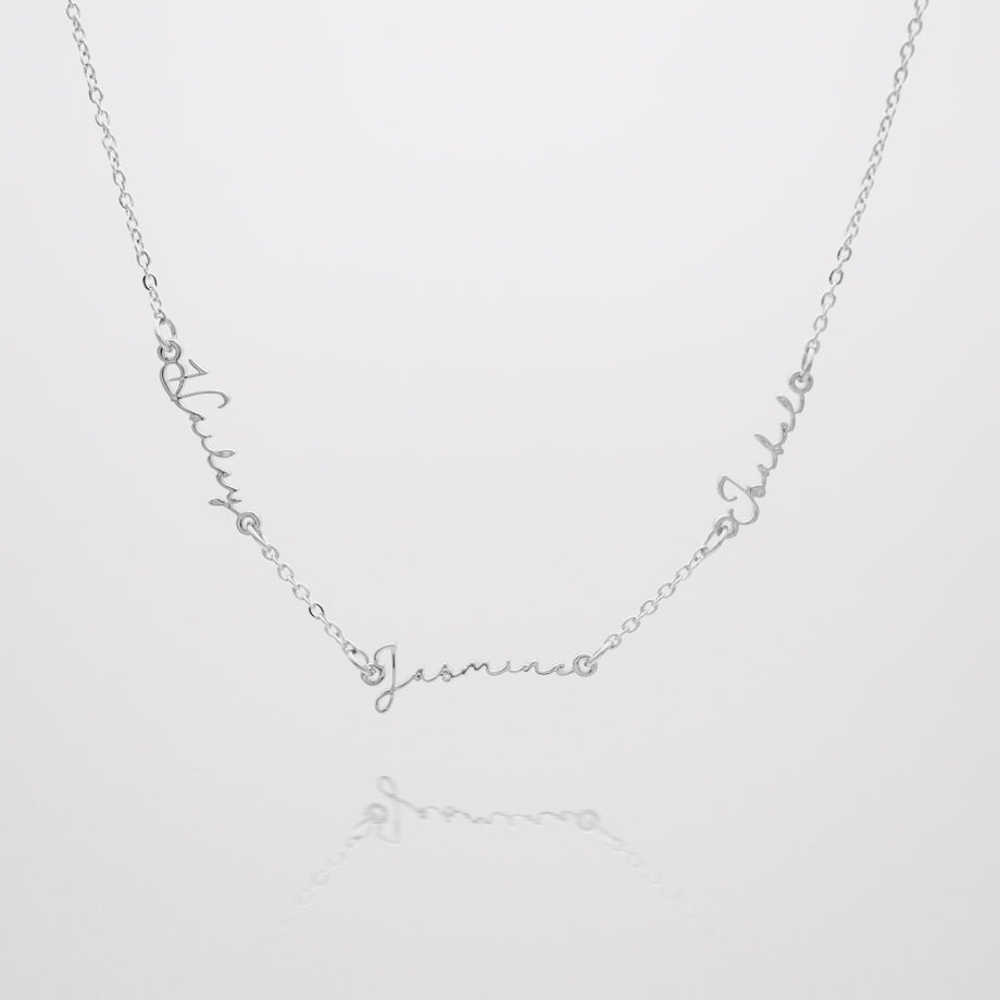Selina multiple name necklace, available in 18k gold plated, silver or rose gold plated stainless steel with options for 2, 3, 4 names from prya