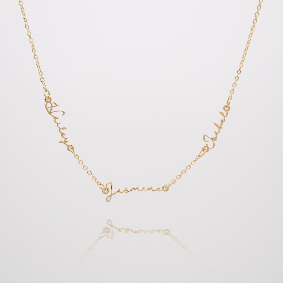Selina multiple name necklace, available in 18k gold plated, silver or rose gold plated stainless steel with options for 2, 3, 4 names from prya