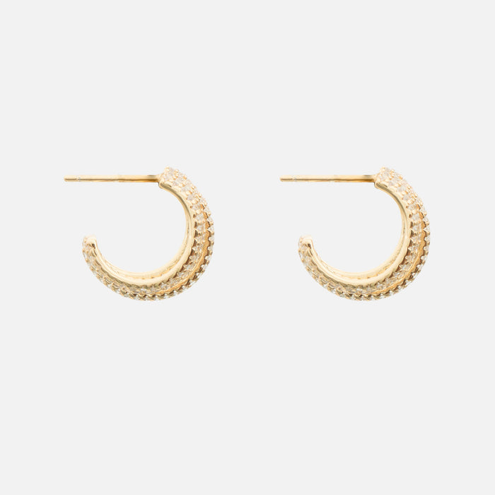 side view of Vela Pavé Multi-Band Hoop Earrings in 18k gold plated sterling silver base