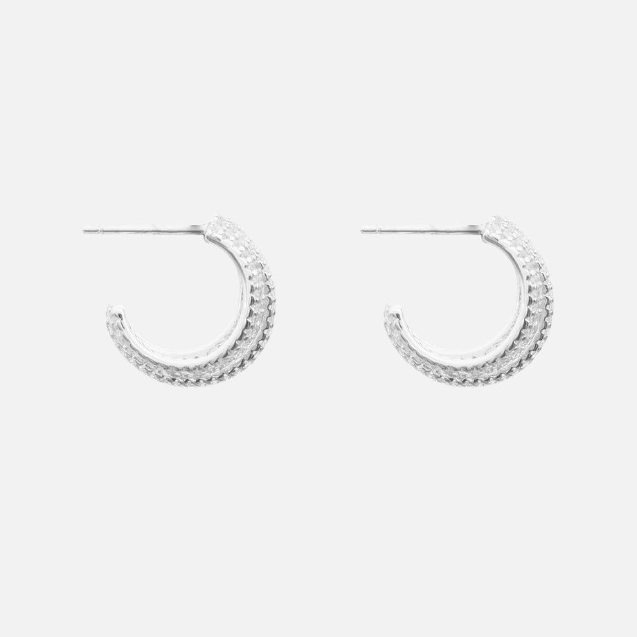side view of Vela Pavé Multi-Band Hoop Earrings in white gold plated sterling silver base