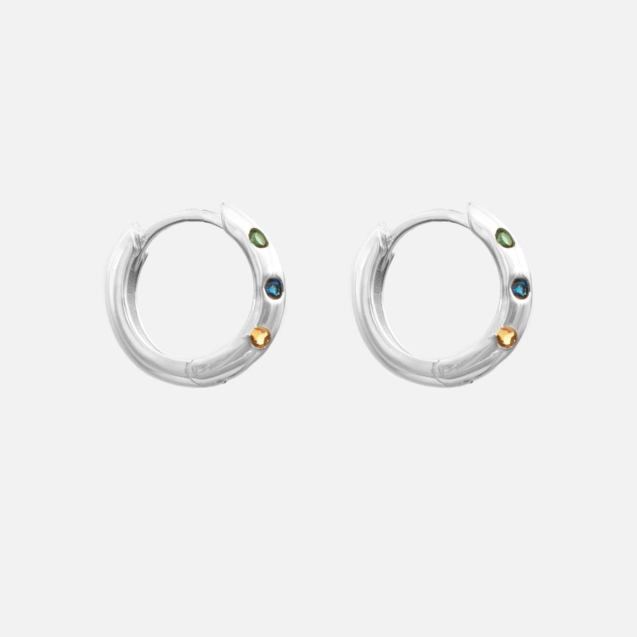 Veya Crystal Huggie Hoop Earrings in white gold sterling silver with multi coloured crystals