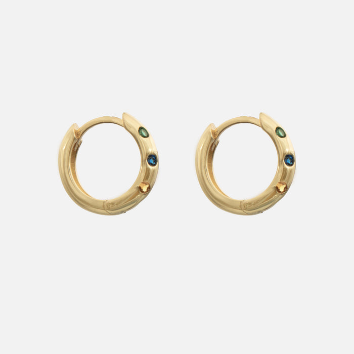 Veya Crystal Huggie Hoop Earrings in 18k gold plated sterling silver with multi coloured crystals