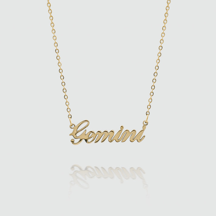 zodiac name necklace available in 18k gold plated or silver plated stainless steel from prya