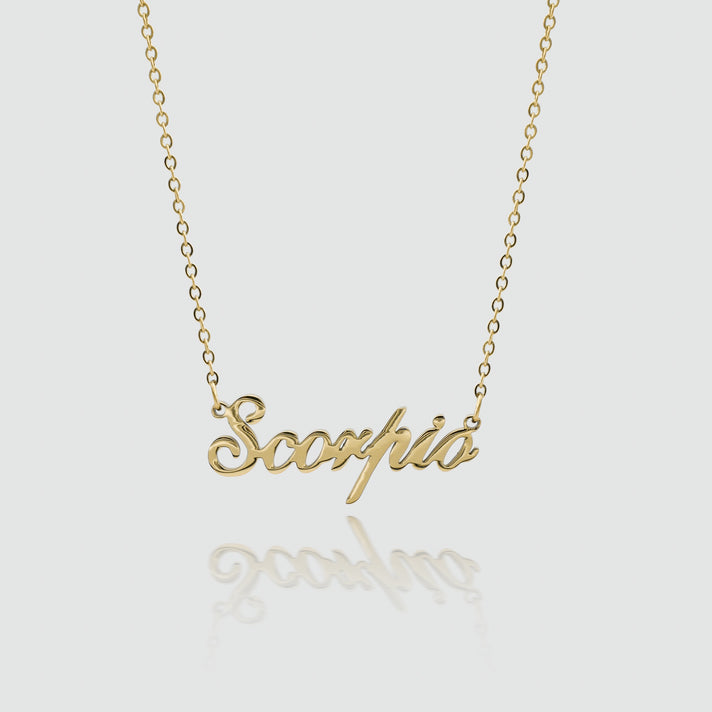 zodiac name necklace available in 18k gold plated or silver plated stainless steel from prya