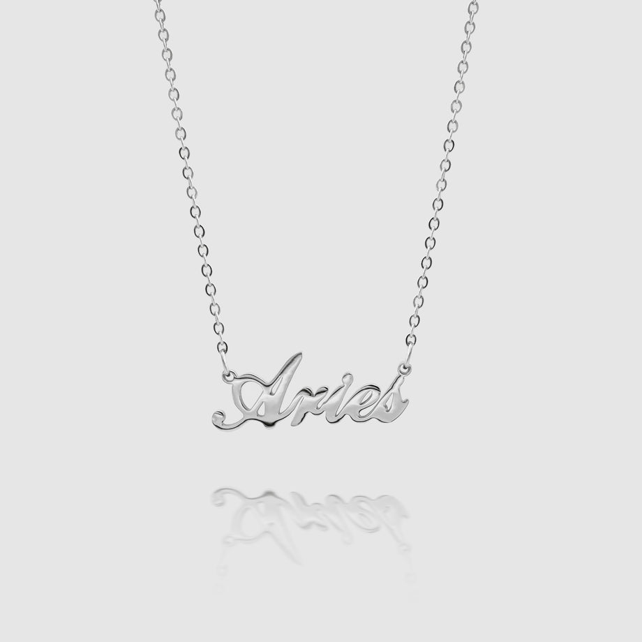 zodiac name necklace available in 18k gold plated or silver plated stainless steel from prya