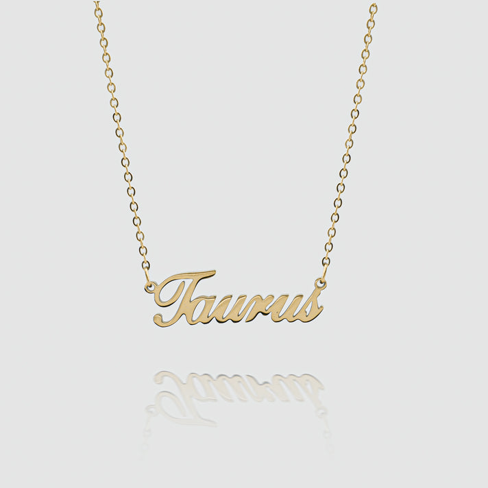 zodiac name necklace available in 18k gold plated or silver plated stainless steel from prya