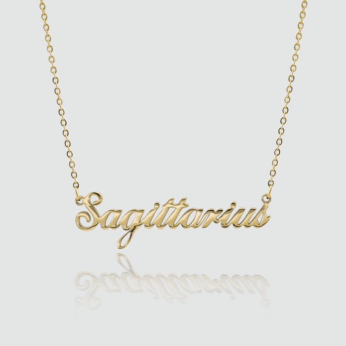 zodiac name necklace available in 18k gold plated or silver plated stainless steel from prya