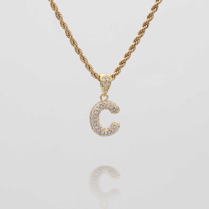 icy mini bubble initial necklace in 18k gold or silver plated, in mini curb, tennis and rope chain from prya