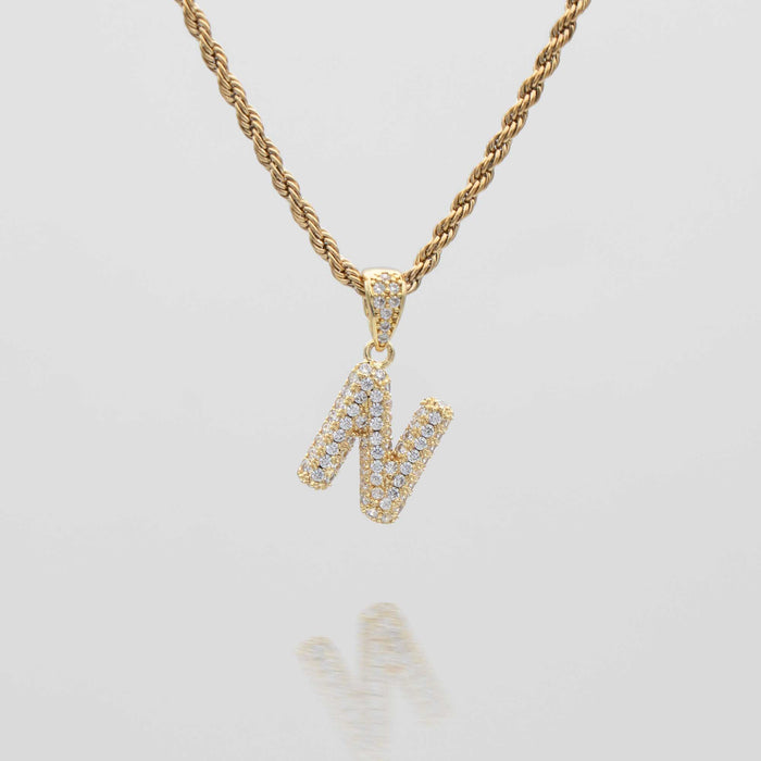 icy mini bubble initial necklace in 18k gold or silver plated, in mini curb, tennis and rope chain from prya