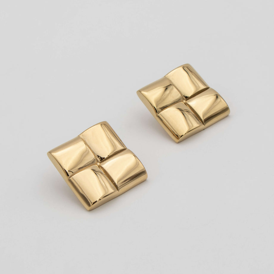 Kia Earrings feature an embossed geometric square design, crafted in 18k Gold plated stainless steel from Prya