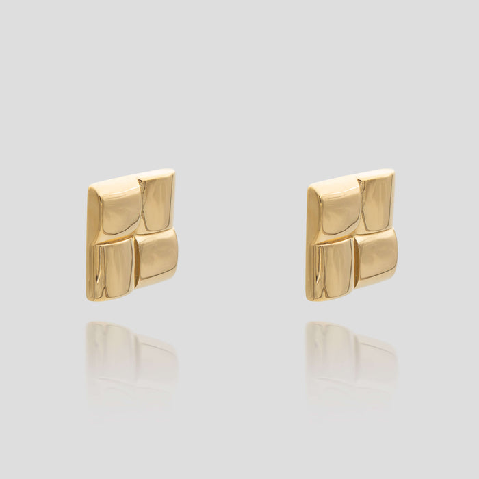 Kia Earrings feature an embossed geometric square design, crafted in 18k Gold plated stainless steel from Prya