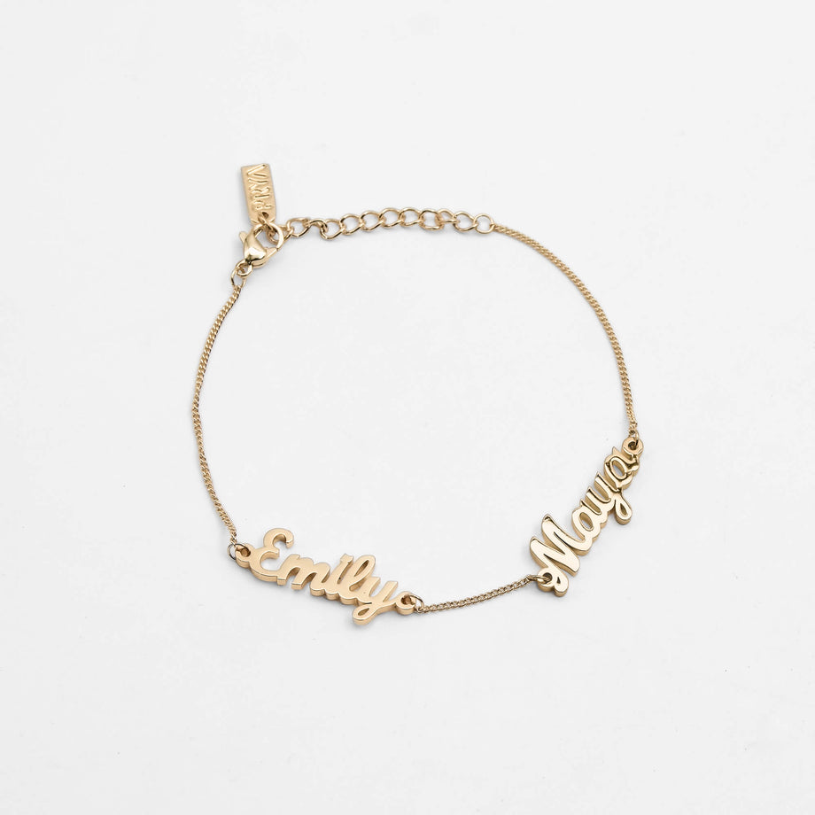 Miami Multiple Name Bracelet in gold showcasing the names Emily and Maya, perfect personalised jewellery gift.
