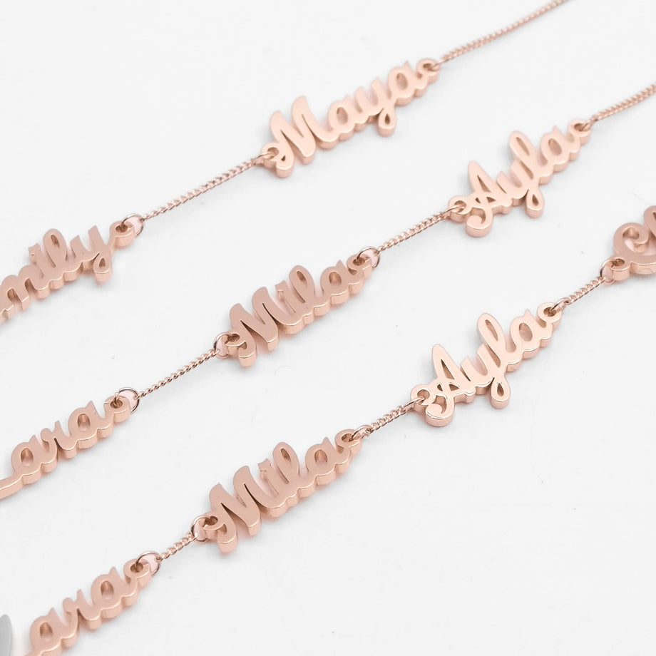 Miami Multiple Name Bracelet in rose gold featuring multiple names, a modern personalised jewellery piece.