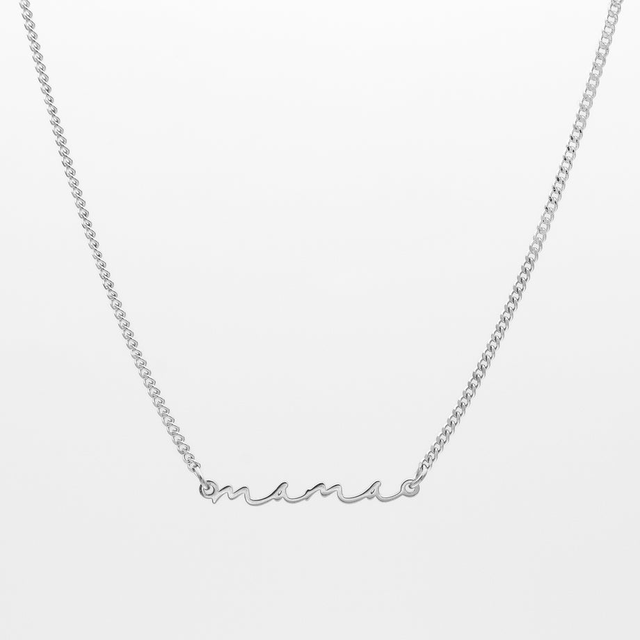 Silver mama necklace in selina script in mini curb chain from prya, perfect mothers day gift
