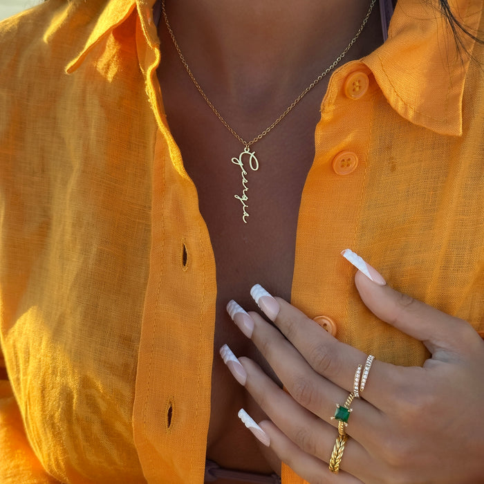 model wearing Selina Custom Name Necklace in 18k gold plated from PRYA