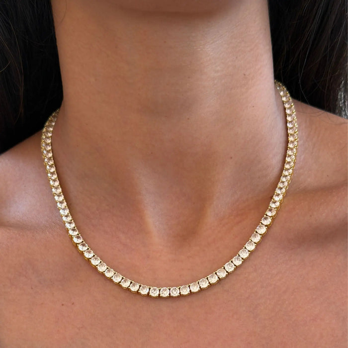 model wearing Icy Tennis CZ Necklace in gold  made by Prya