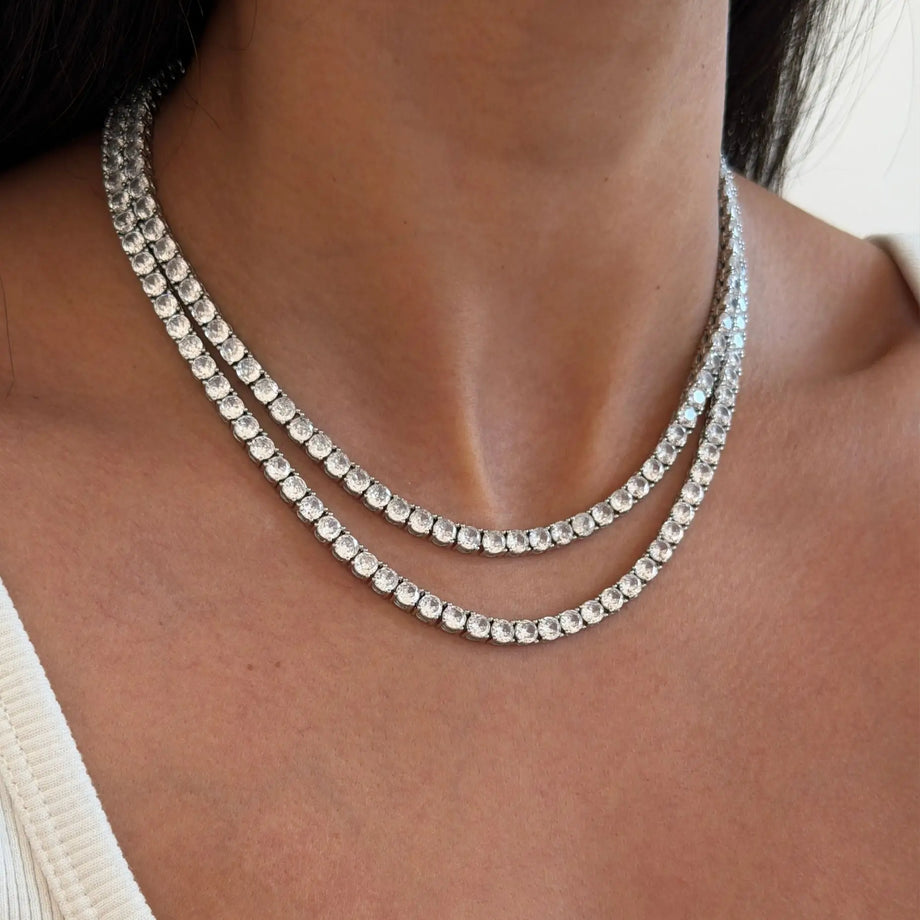 model wearing Icy Tennis CZ Necklace in silver made by Prya